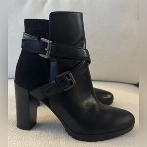 Geox Black Heeled Leather and Suede Booties with Buckle Detail, 37EU/ 6.5 US